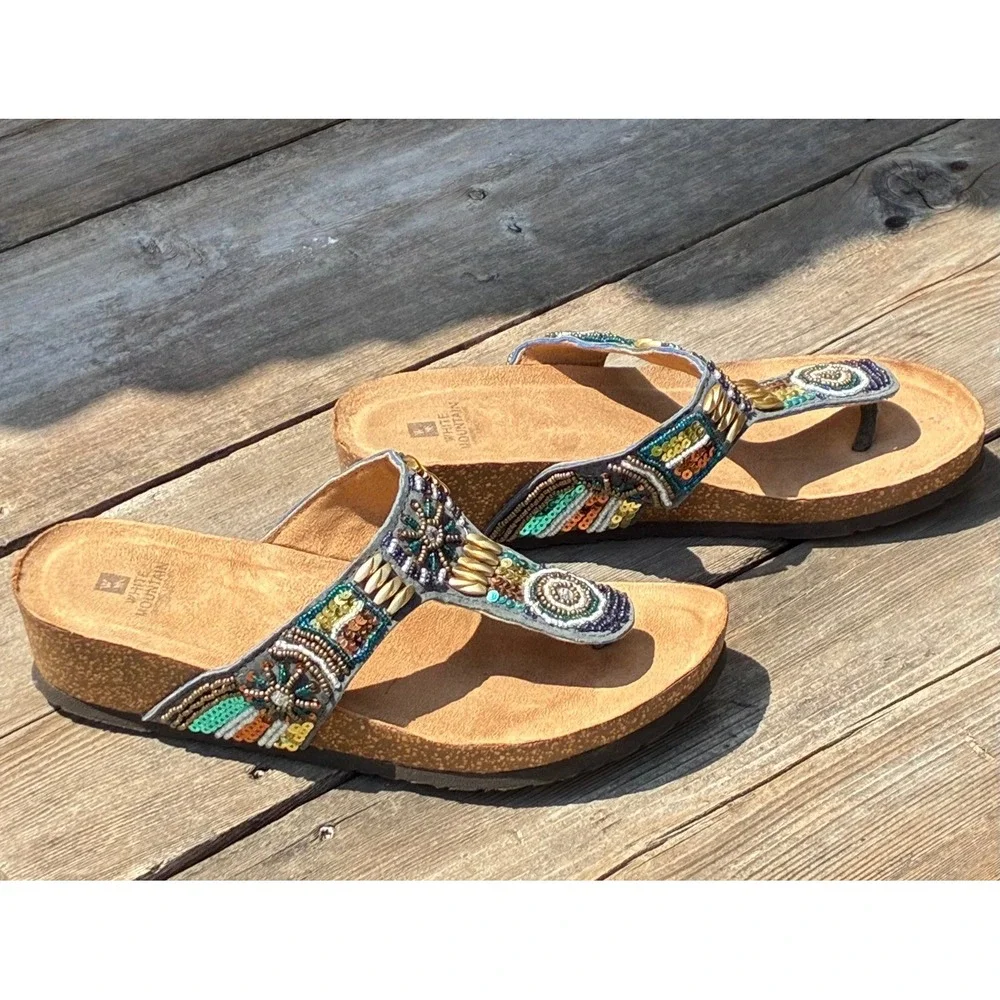 White Mountain Bluebell Beaded Wedge Sandals Womens 9 Boho Cork Footbed Flip